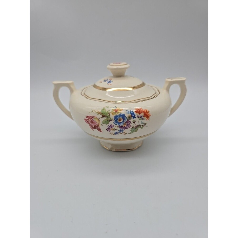 Vintage Covered Sugar Dish Summer Garden Floral Warranted 22K Gold